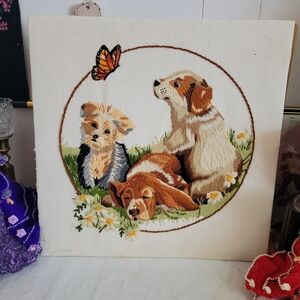 Vintage "Puppy Love" Crewel Embroidery